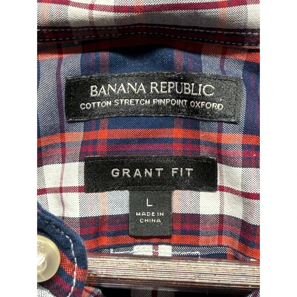 Banana Republic Cotton Stretch Pinpoint Oxford Shirt Men L Multi Plaid Grant Fit